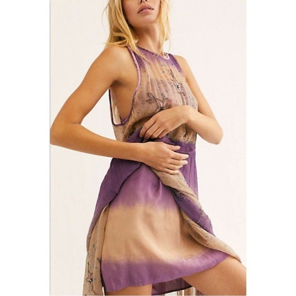 Free People Twilight Embellished Embroidered Tie Dye‎ Midi Dress Orchid Combo M - Picture 5 of 12